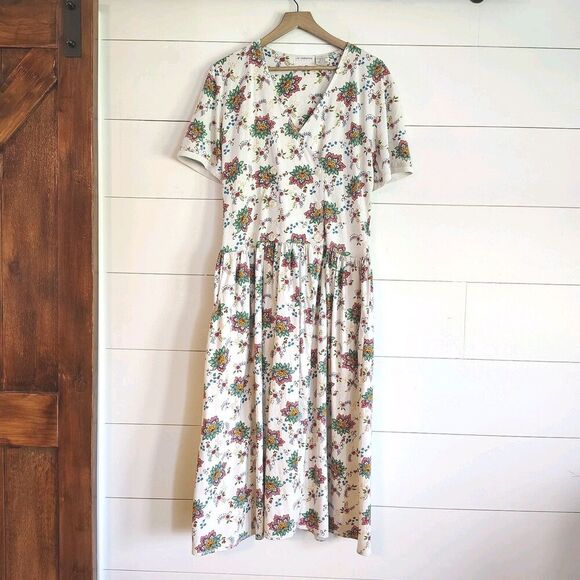 Vtg Liz Claiborne Floral Abstract Print Colorful Pockets Wrap Dress Cotton Large - Picture 1 of 9